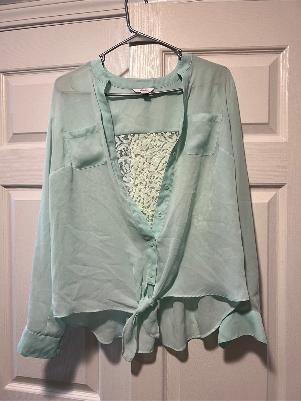 Candie's Sheer Lace-Back Tie Front Blouse in Mint